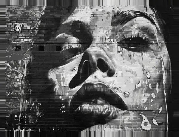 Black and white urban mural of a woman's face in close-up.