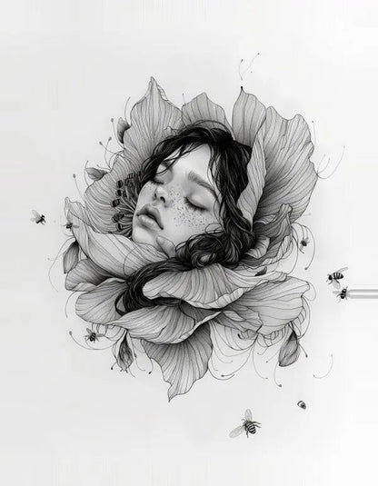 Tableau Dessin Visage Fleur et Abeilles Noir et Blanc - #tag1# - #tag2# 