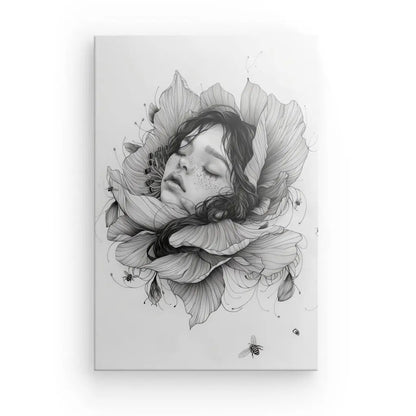 Tableau Dessin Visage Fleur et Abeilles Noir et Blanc - #tag1# - #tag2# 
