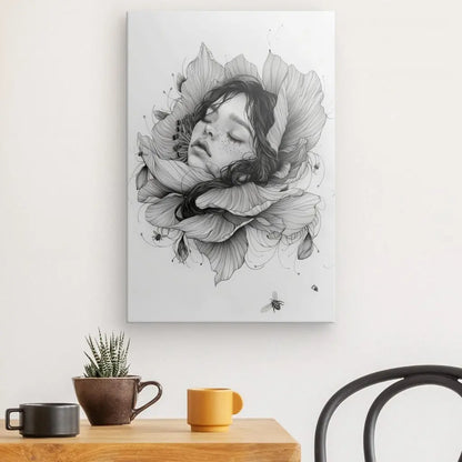 Un Tableau Dessin Visage Fleur et Abeilles Noir et Blanc encadré est accroché sur un mur blanc au-dessus d'une table avec une plante en pot et deux tasses, créant une scène naturelle exquise.