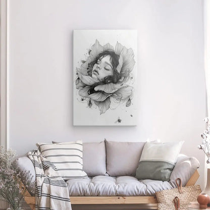 Tableau Dessin Visage Fleur et Abeilles Noir et Blanc - #tag1# - #tag2# 