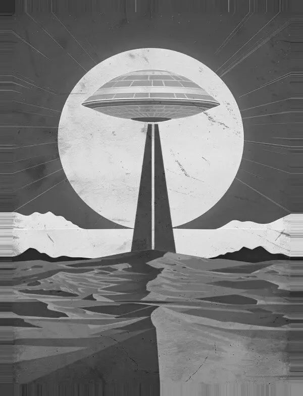 Le Tableau Illustration Soucoupe Volante Noir et Blanc représente une scène de science-fiction monochrome représentant une soucoupe volante s'élevant d'une plate-forme, avec une pleine lune brillante en arrière-plan projetant une longue ombre sur le paysage montagneux.