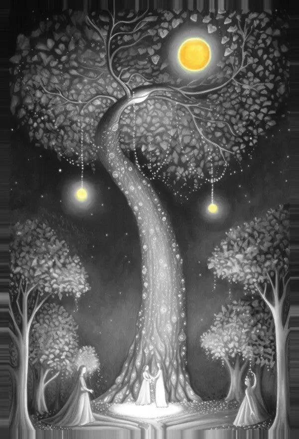 Illustration of a whimsical tree scene in black and white.