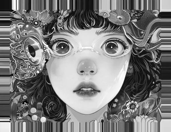 Illustration en noir et blanc d'une personne aux yeux écarquillés portant des lunettes, entourée de motifs complexes et fantaisistes, comprenant des poissons, des créatures marines et des éléments floraux - un véritable *Tableau Manga Portrait Fille Lunettes et Fleurs Noir et Blanc* qui ajoute une touche artistique à n'importe quel espace.