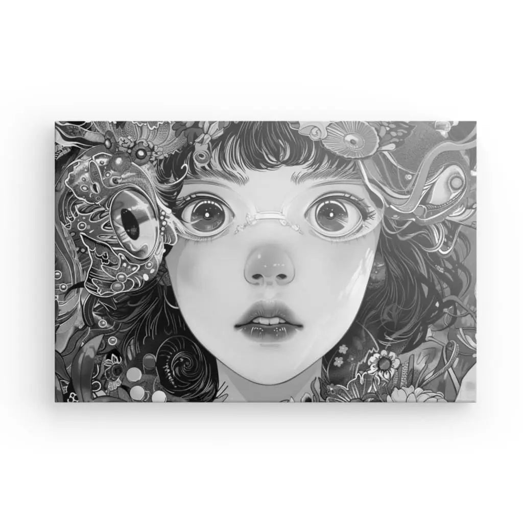 Le « Tableau Manga Portrait Fille Lunettes et Fleurs Noir et Blanc » présente une illustration numérique en noir et blanc du visage d'un enfant entouré de motifs complexes et surréalistes, portant ce qui semble être des lunettes de natation au-dessus de ses yeux. Cette œuvre d’art captivante allie fantaisie et profondeur, ce qui en fait une pièce de décoration artistique unique.