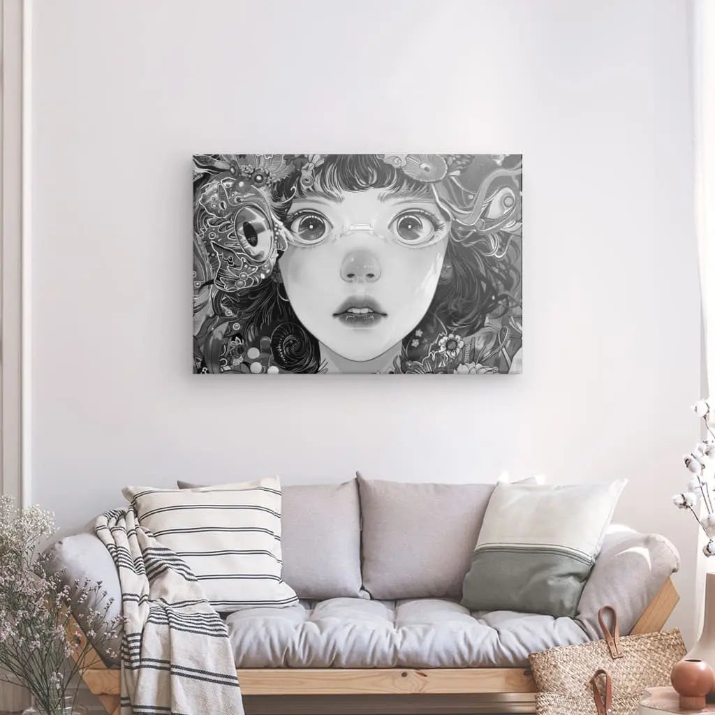 Tableau Manga Portrait Fille Lunettes et Fleurs Noir et Blanc - #tag1# - #tag2# 