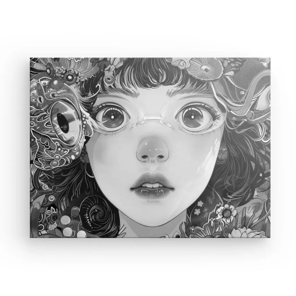 Illustration numérique intitulée « Tableau Manga Portrait Fille Lunettes et Fleurs Noir et Blanc », représentant une fille aux grands yeux portant des lunettes, entourée de motifs complexes et surréalistes dans des tons noir et blanc. Le style manga ajoute une touche fantaisiste à ce superbe portrait noir et blanc.