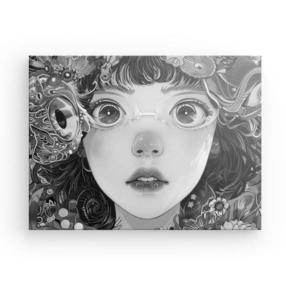 Illustration numérique intitulée « Tableau Manga Portrait Fille Lunettes et Fleurs Noir et Blanc », représentant une fille aux grands yeux portant des lunettes, entourée de motifs complexes et surréalistes dans des tons noir et blanc. Le style manga ajoute une touche fantaisiste à ce superbe portrait noir et blanc.