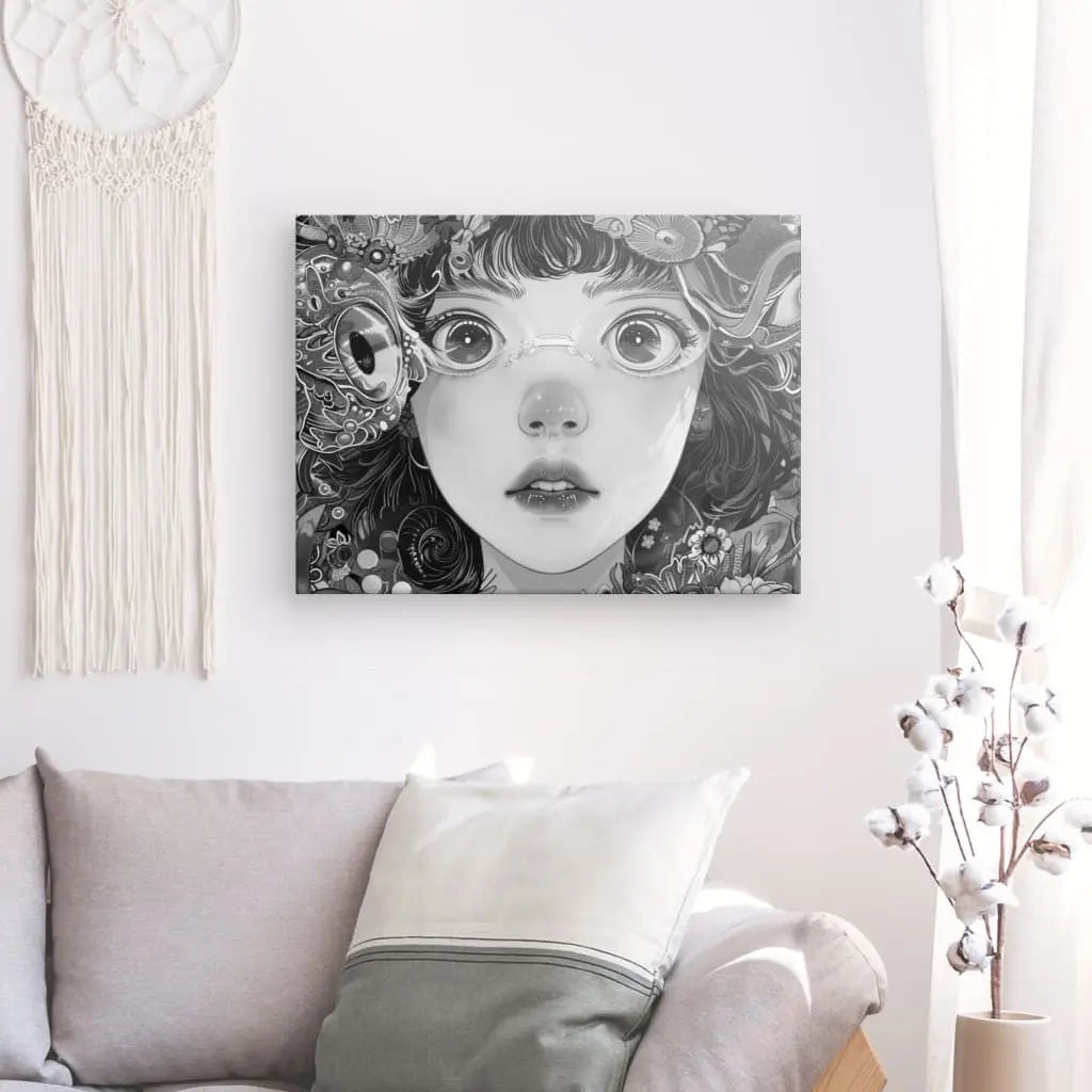 Un Tableau Manga Portrait Fille Lunettes et Fleurs Noir et Blanc est accroché sur un mur blanc au-dessus d'un canapé beige. Une tenture murale tissée et un vase avec des fleurs blanches sont placés à proximité.