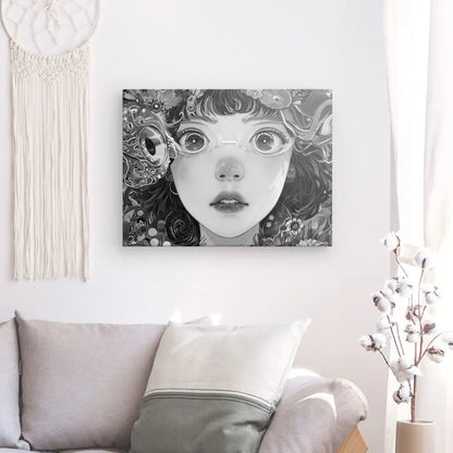 Un Tableau Manga Portrait Fille Lunettes et Fleurs Noir et Blanc est accroché sur un mur blanc au-dessus d'un canapé beige. Une tenture murale tissée et un vase avec des fleurs blanches sont placés à proximité.