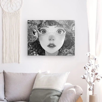 Tableau Manga Portrait Fille Lunettes et Fleurs Noir et Blanc - #tag1# - #tag2# 