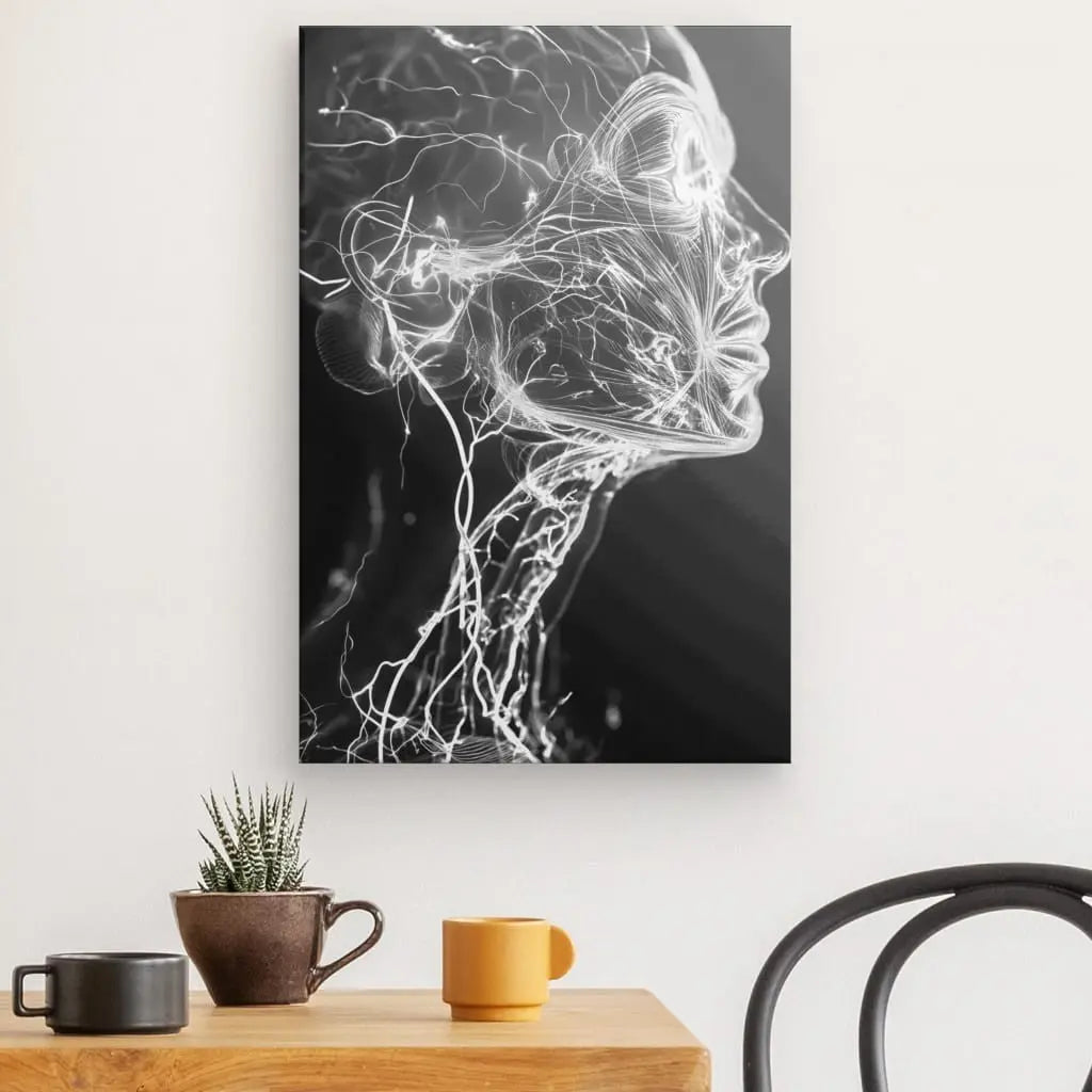 Une pièce minimaliste avec une table comportant une petite plante, une tasse marron et une tasse jaune. Le Tableau Visage Humain Lumineux Style Futuriste Noir et Blanc est accroché au mur blanc au-dessus, créant un tableau futuriste qui rehausse la décoration élégante de l'espace.