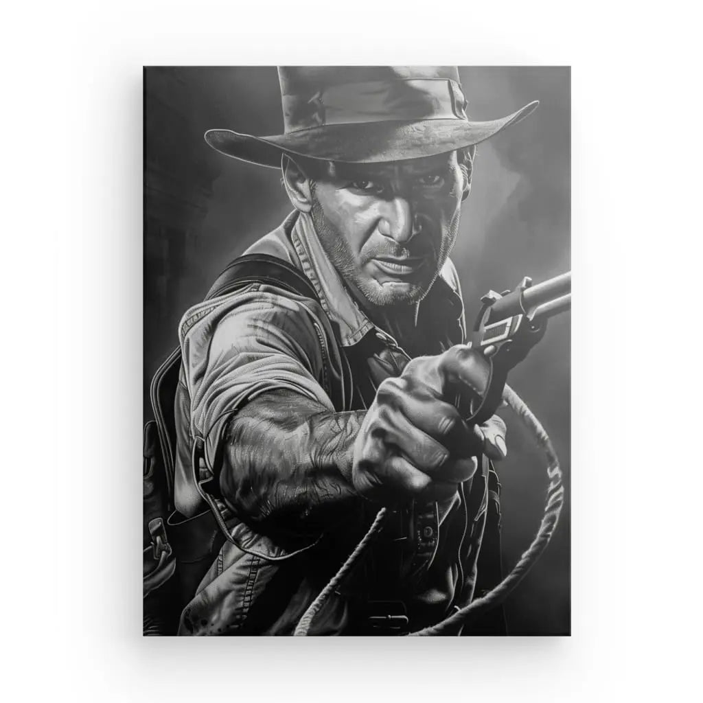 Tableau en noir et blanc d'Indiana Jones avec revolver.