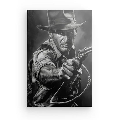 Tableau Indiana Jones en noir et blanc, illustration artistique dynamique.