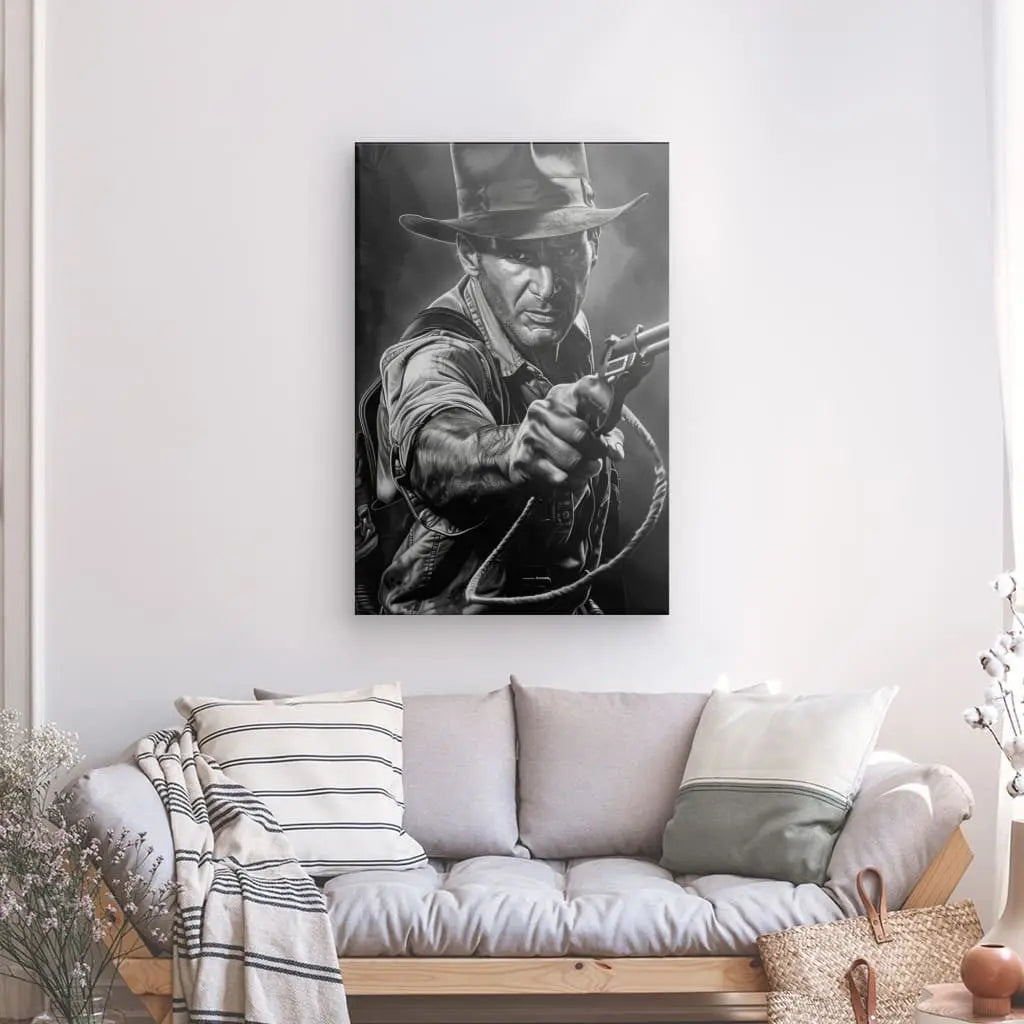 Tableau noir et blanc d'Indiana Jones sur mur moderne.