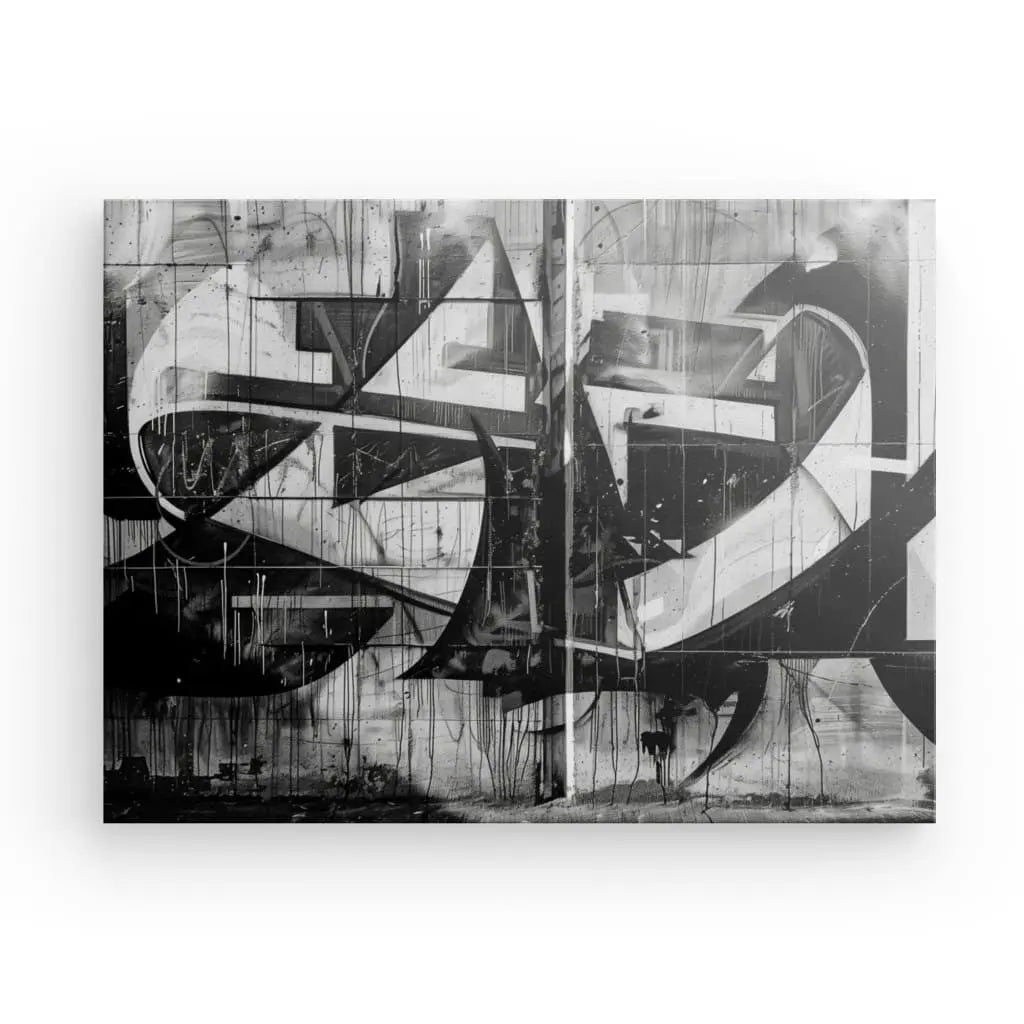 Le Tableau Graffiti Noir et Blanc Design Urbain présente des formes audacieuses et angulaires et des éclaboussures de peinture dans un style graffiti abstrait noir et blanc, ce qui le rend parfait pour la décoration intérieure.