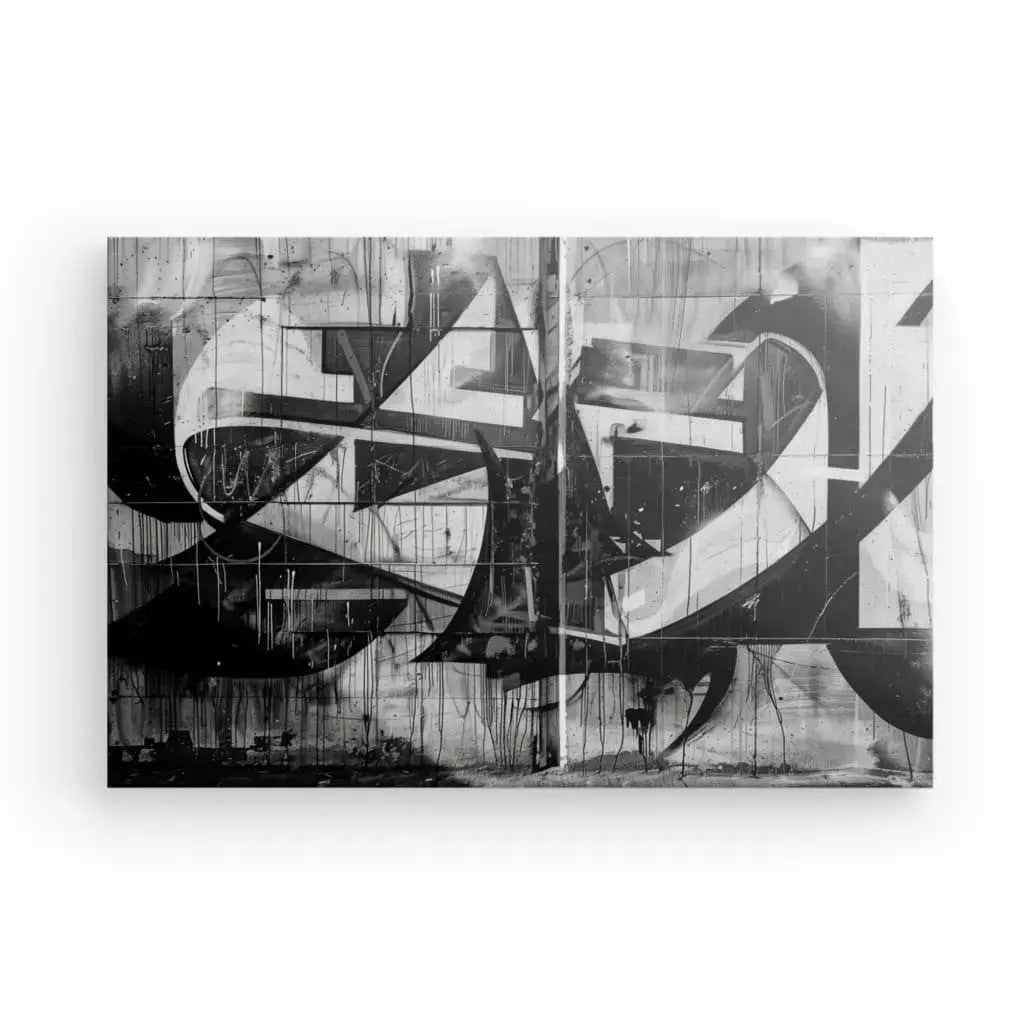 L'art du graffiti abstrait noir et blanc avec des lignes et des formes audacieuses et entrelacées sur un mur texturé crée la décoration intérieure parfaite. Ce Tableau Graffiti Noir et Blanc Design Urbain ajoute un point focal saisissant à n'importe quel espace.