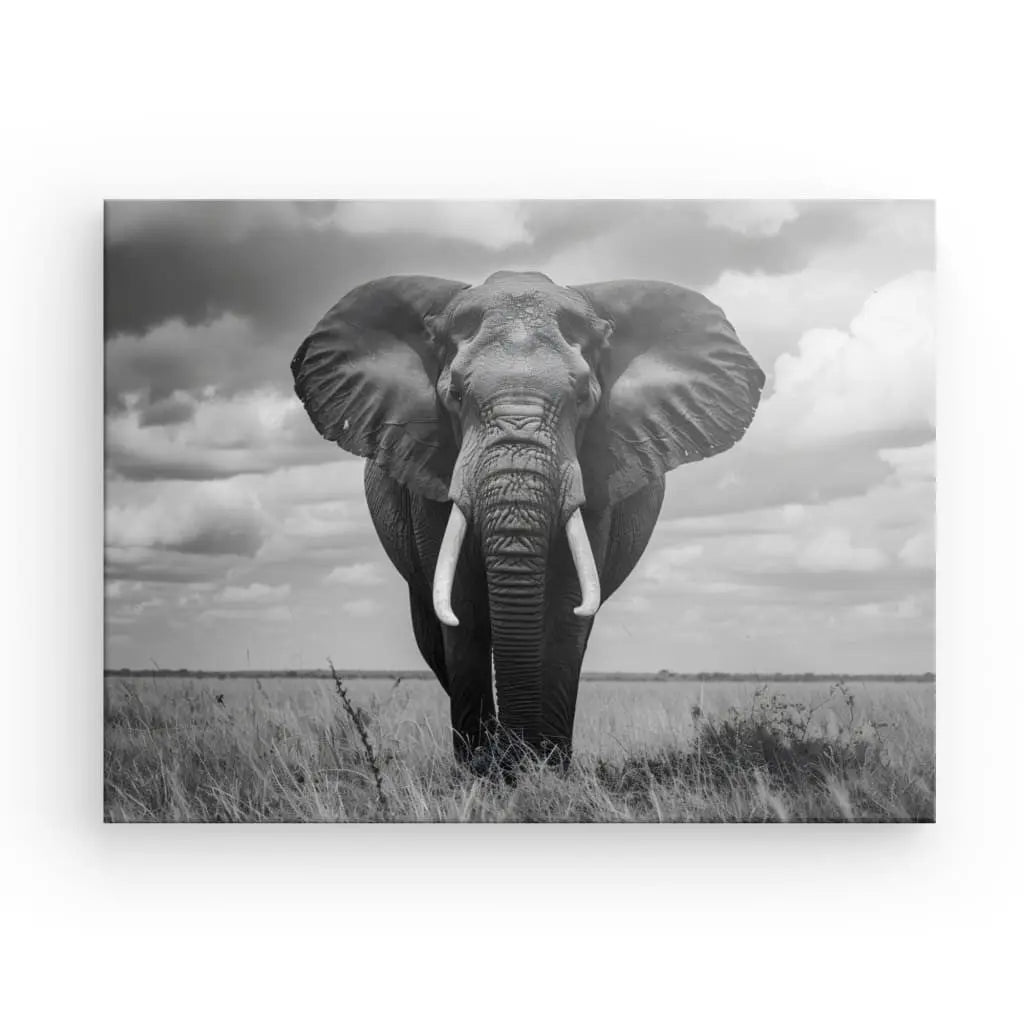 Une superbe photographie en noir et blanc d'un éléphant debout dans des herbes hautes avec un ciel nuageux en arrière-plan, parfaite pour une décoration intérieure. Ce Tableau Éléphant d'Afrique Noir et Blanc ajoute une touche d'élégance à n'importe quelle pièce.