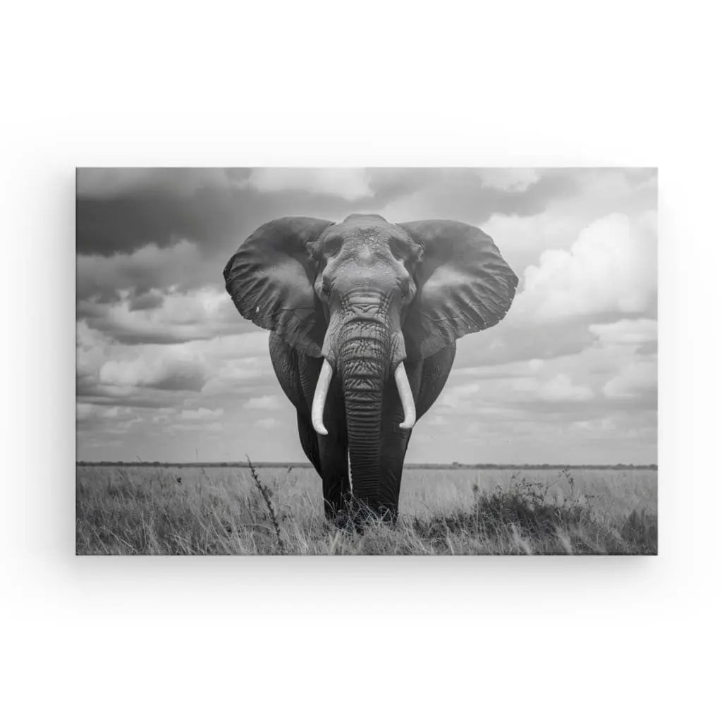 Une image en noir et blanc d'un éléphant debout dans un champ herbeux sous un ciel nuageux, avec une silhouette partiellement cachée derrière lui - Tableau Éléphant d'Afrique Noir et Blanc qui apporte une décoration intérieure élégante.