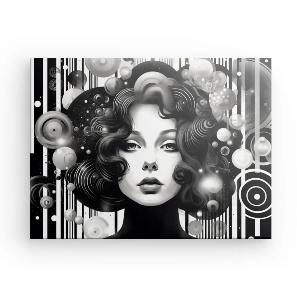 Le *Tableau Moderne Style Pop Art Femme Noir et Blanc* présente un portrait abstrait monochromatique d'une femme aux cheveux bouclés et à l'expression sereine, entouré de formes géométriques et de motifs circulaires, ce qui en fait une pièce idéale pour une décoration contemporaine.