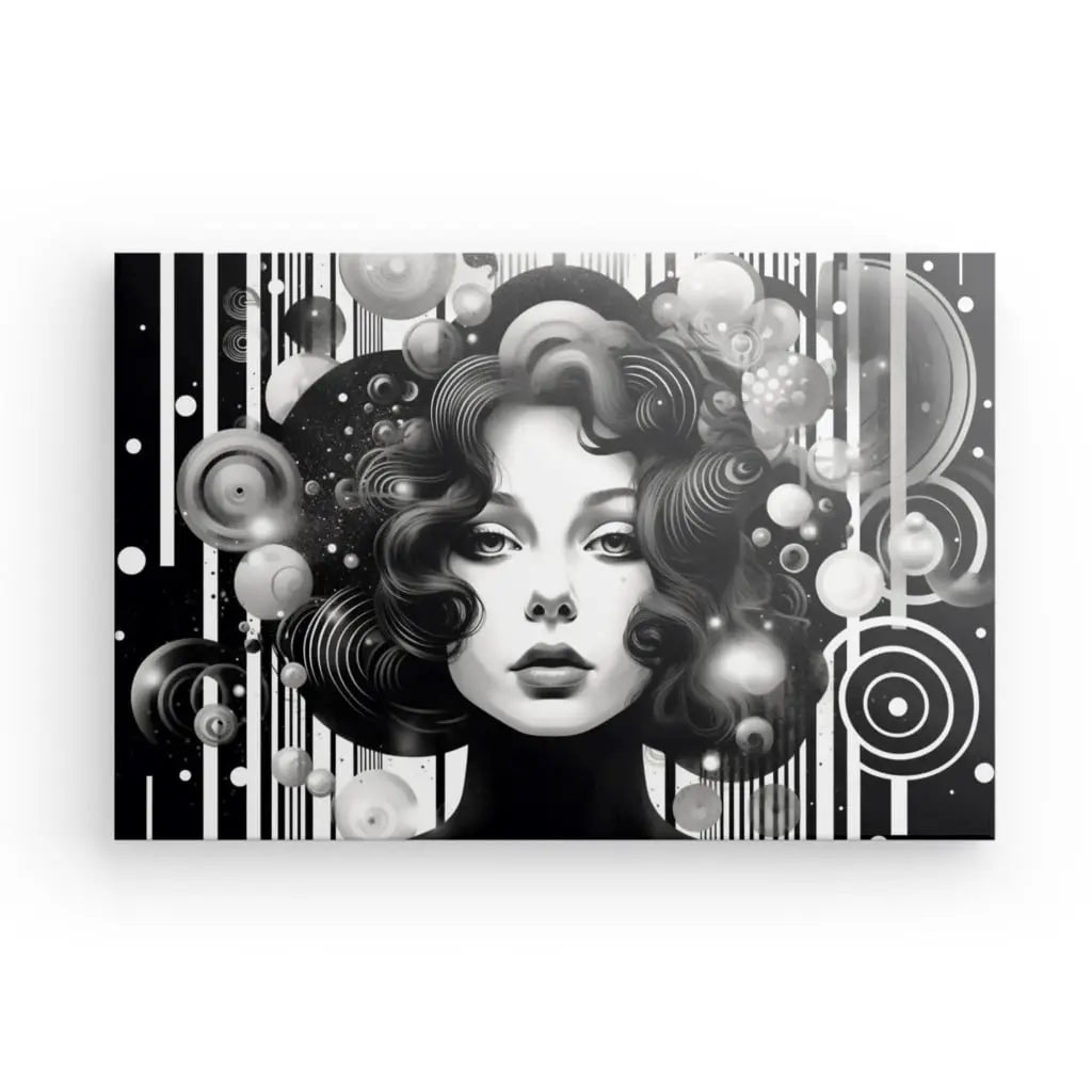 Le Tableau Moderne Style Pop Art Femme Noir et Blanc présente une illustration numérique d'une femme aux cheveux bouclés entourée de motifs circulaires abstraits, mêlant harmonieusement un style photographique vintage à des éléments futuristes - une pièce idéale pour ceux qui cherchent à rehausser leur décoration contemporaine.