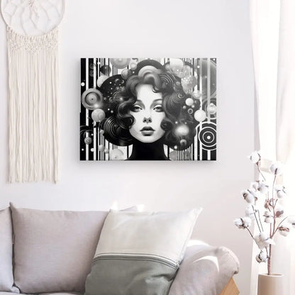 Une peinture en noir et blanc représentant un visage de femme, rappelant le "Tableau Moderne Style Pop Art Femme Noir et Blanc" avec des éléments abstraits, est accrochée sur un mur blanc au-dessus d'un canapé gris et de coussins blancs. A proximité, une tenture murale en macramé et un vase aux branches de coton complètent la décoration contemporaine.