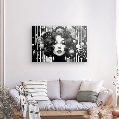 Une œuvre d'art en niveaux de gris, le Tableau Moderne Style Pop Art Femme Noir et Blanc, est suspendue au-dessus d'un canapé gris clair orné de coussins rayés et de plantes en pot au sol, apportant une touche de décoration contemporaine à l'espace.