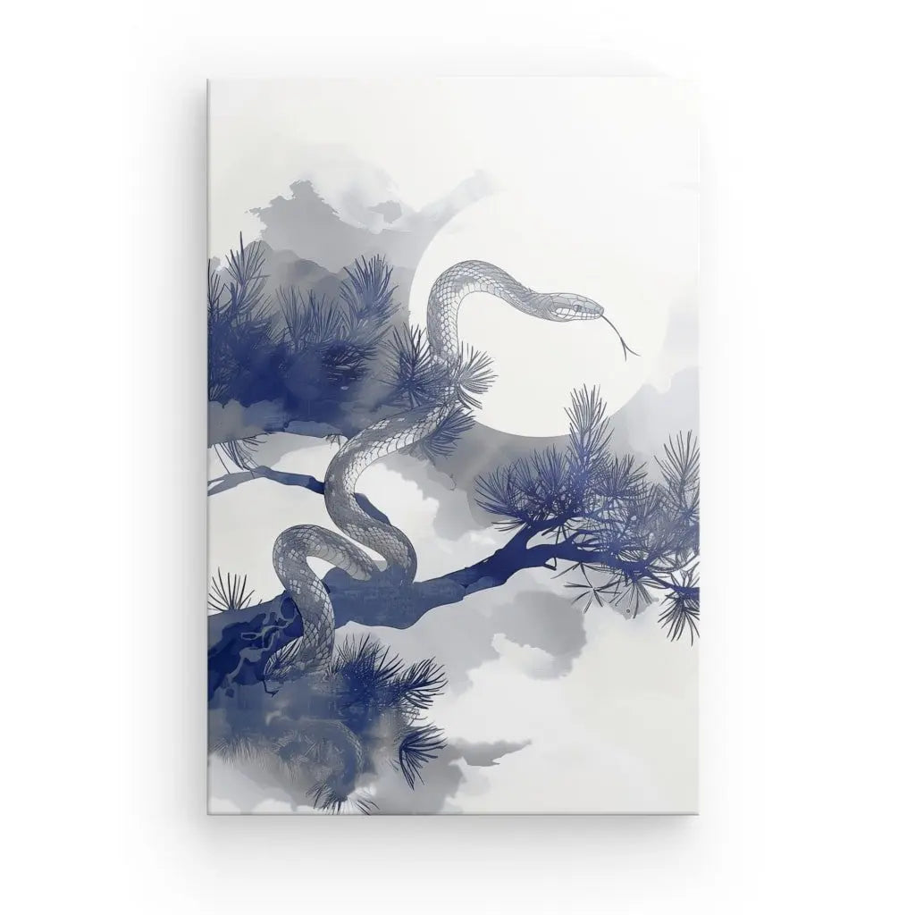 Tableau monochrome serpent bleu et blanc sur fond naturel japonais.