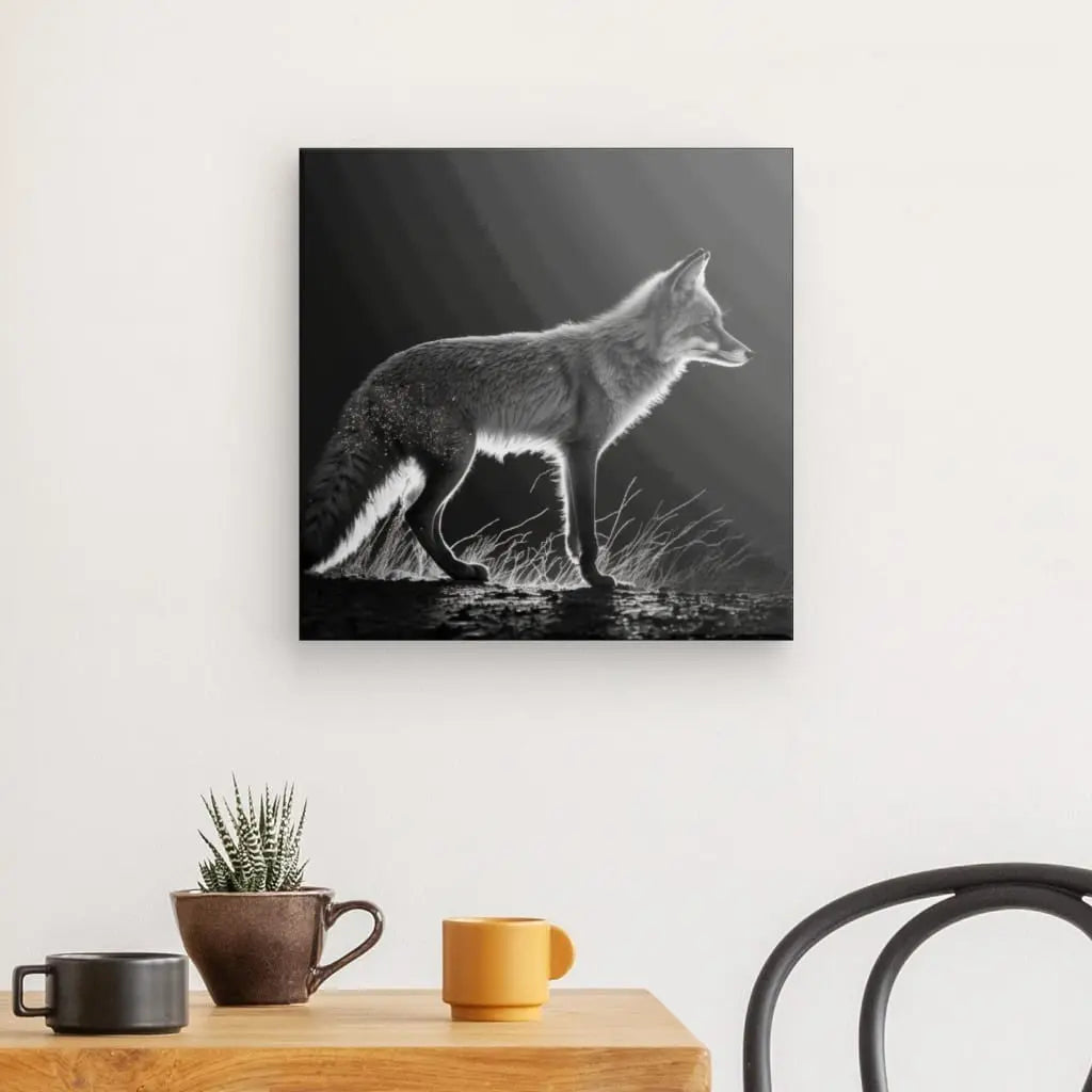 Tableau monochrome de renard sur mur élégant en noir et blanc.