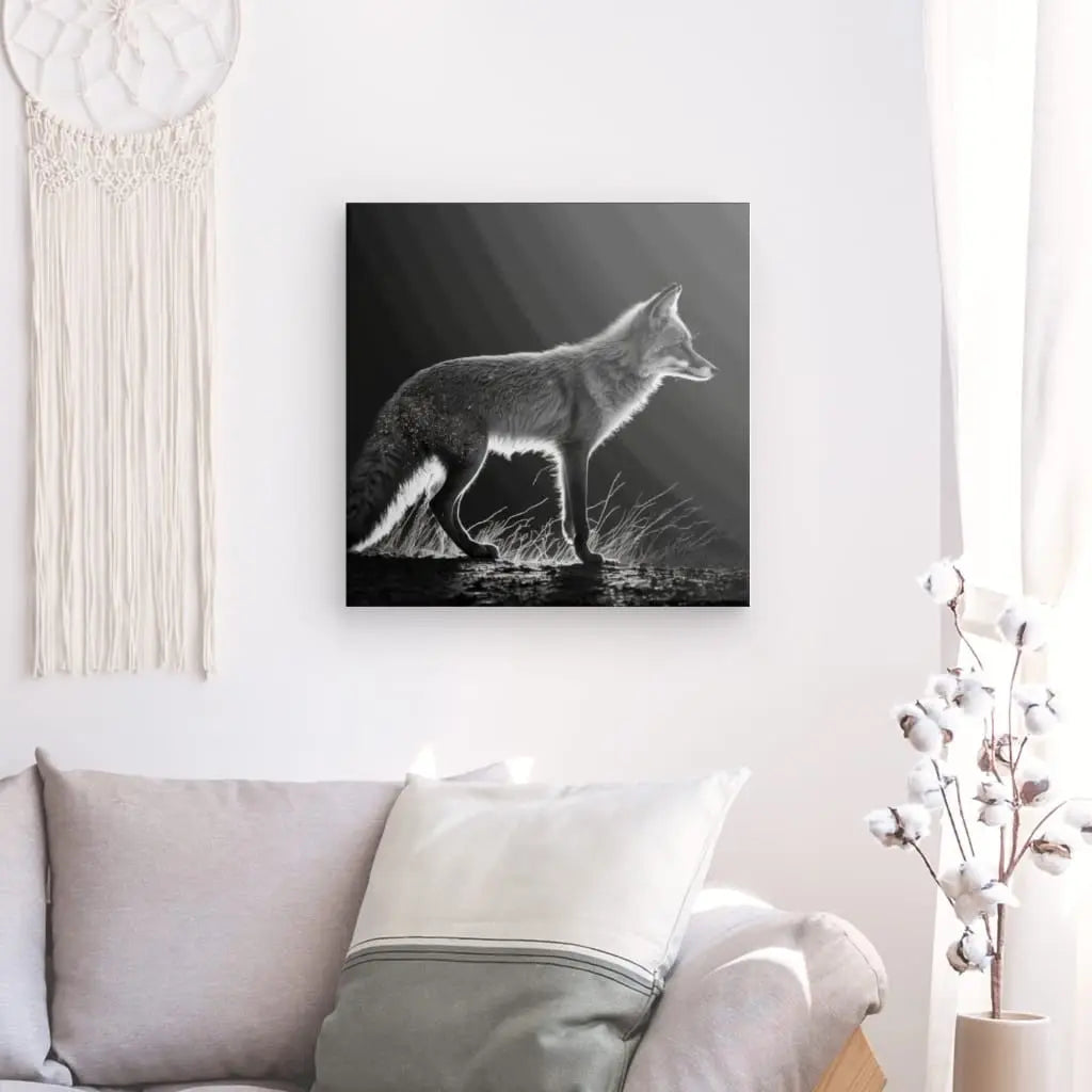 Tableau renard noir et blanc, décoration murale élégante et moderne.