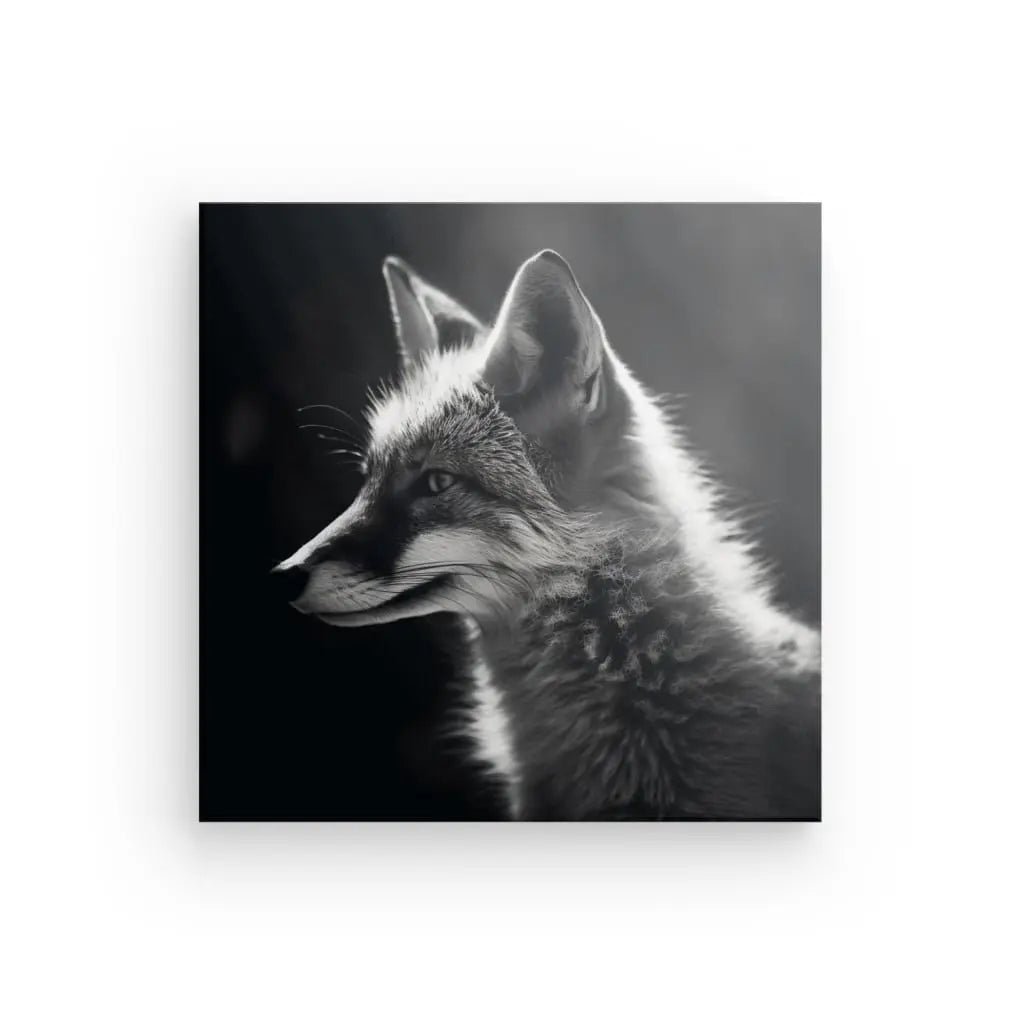 Photo en noir et blanc d’un renard de profil. Le renard est illuminé par derrière, mettant en valeur sa fourrure et créant une lueur douce et éthérée. Une pièce de décoration d'intérieur parfaite, ce Tableau Renard Fox Portrait Animal Sauvage Monochrome ajoute de l'élégance à n'importe quel espace.