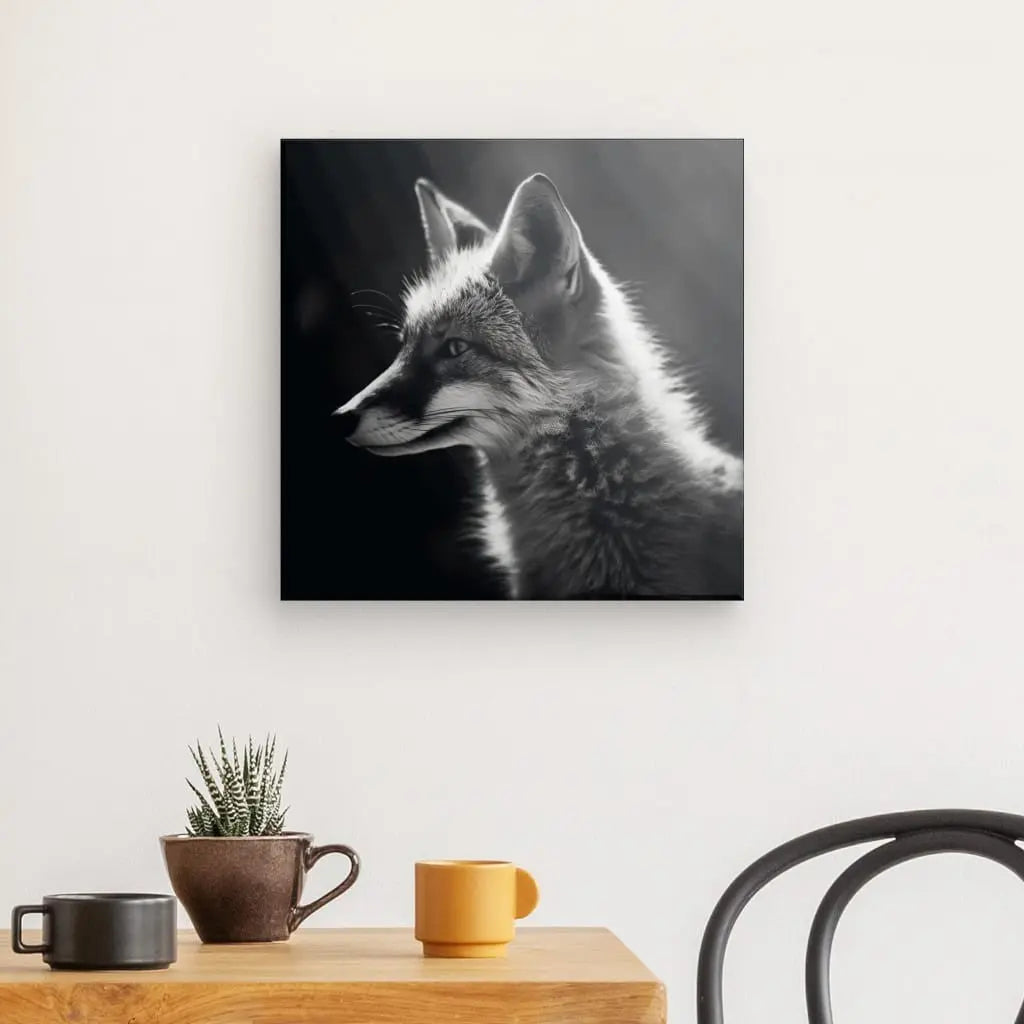 Une photographie en noir et blanc de la collection « Tableau Renard Fox Portrait Animal Sauvage Monochrome » est exposée sur un mur au-dessus d'une table en bois. Sur la table, il y a une petite plante en pot, une tasse marron, une tasse orange, et à côté se trouve une chaise noire, ajoutant une touche d'élégance à la décoration d'intérieur.