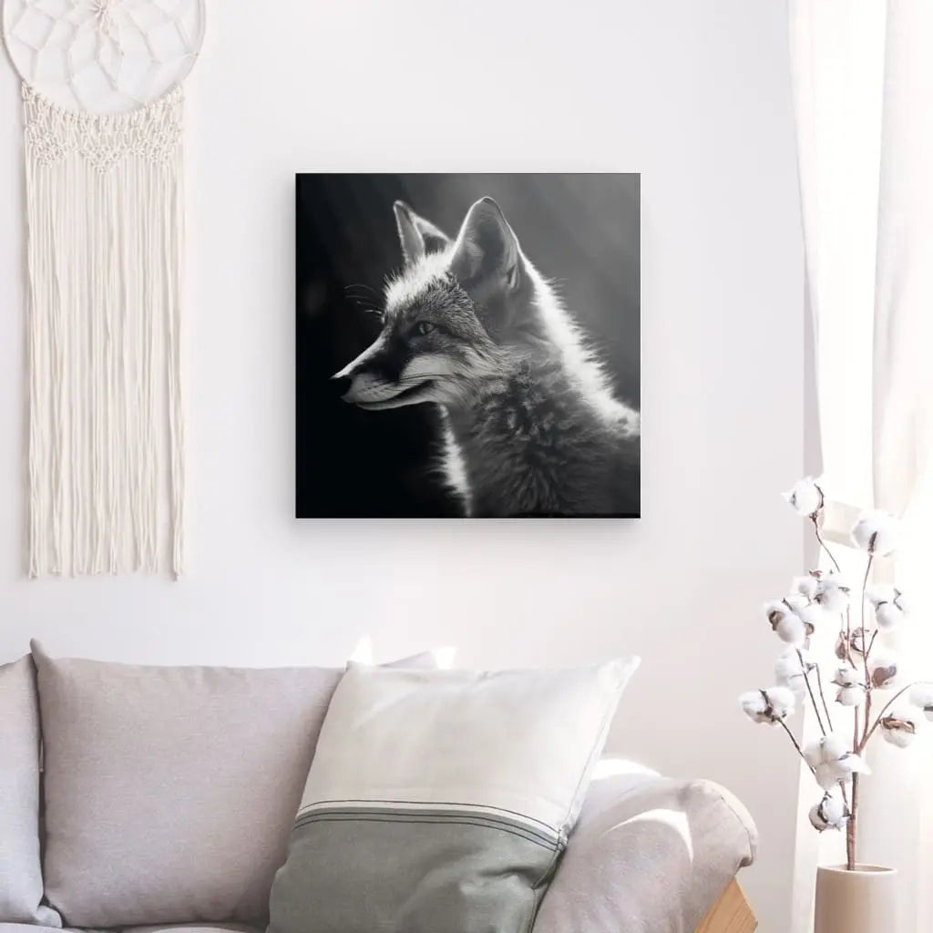 Un Tableau Renard Fox Portrait Animal Sauvage Monochrome est accroché sur un mur blanc près d'un attrape-rêves dans un salon clair et minimaliste avec un canapé et un oreiller beiges, rehaussant sans effort la décoration d'intérieur.