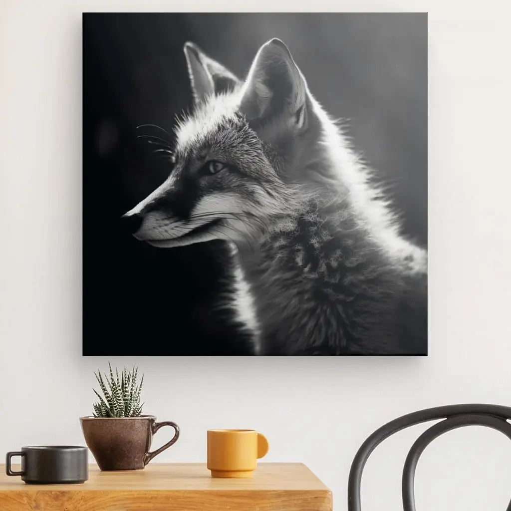 Un « Tableau Renard Fox Portrait Animal Sauvage Monochrome » est exposé sur un mur au-dessus d'une table en bois ornée d'une petite plante, d'une tasse à café marron et d'une tasse orange. Une chaise noire est partiellement visible sur la droite, ajoutant à la décoration intérieure sophistiquée.