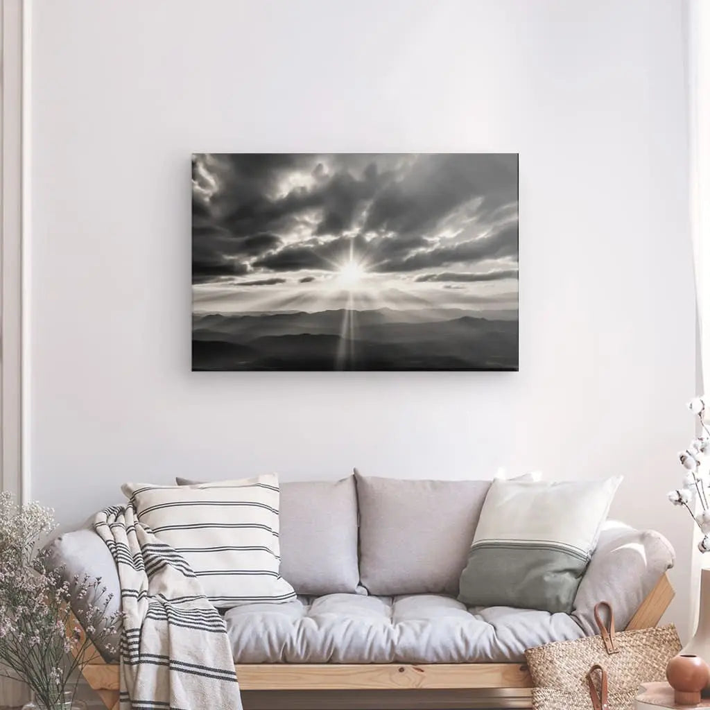 Tableau Paysage Collines Ensoleillées Noir et Blanc - #tag1# - #tag2# 