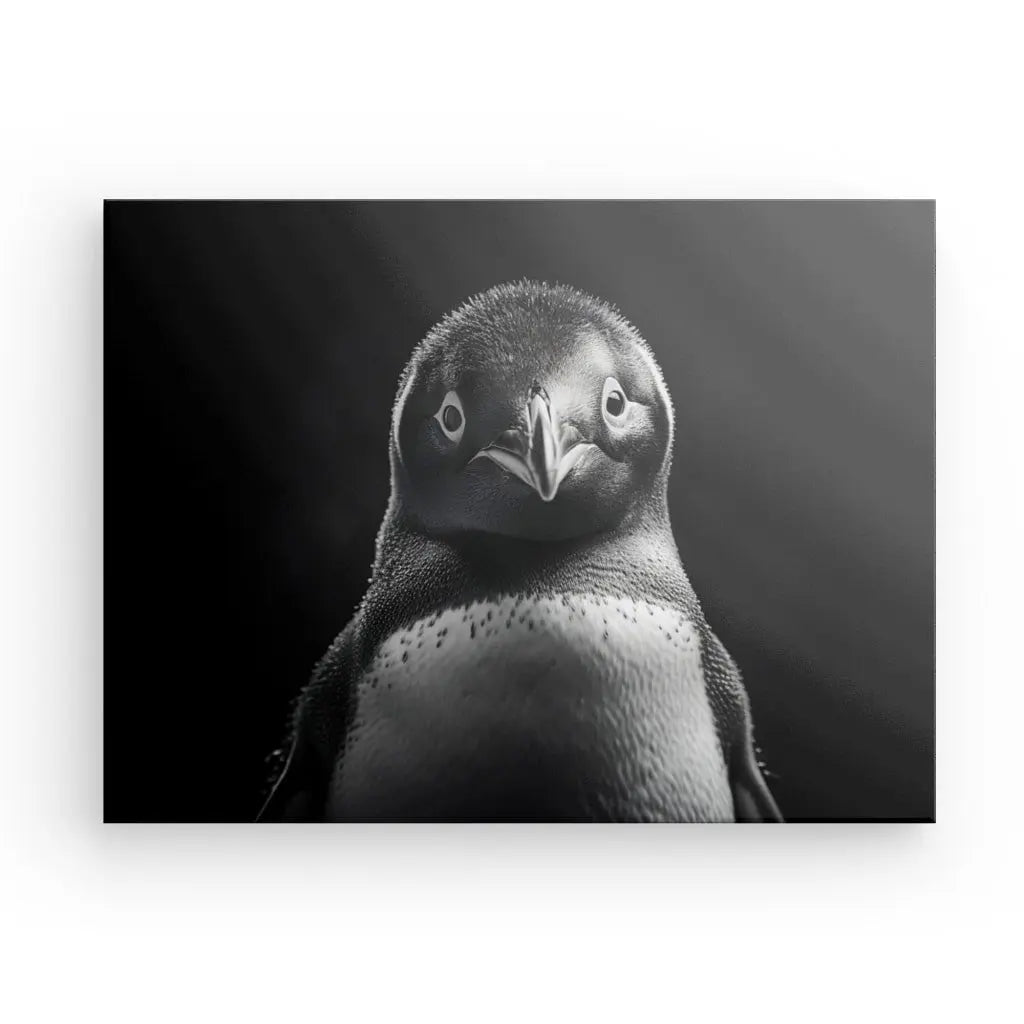 Un saisissant Tableau Manchot Portrait Animalier Noir et Blanc, cette photo en noir et blanc capture un pingouin face à la caméra avec une expression neutre, ce qui en fait une pièce parfaite pour la décoration d'intérieur.