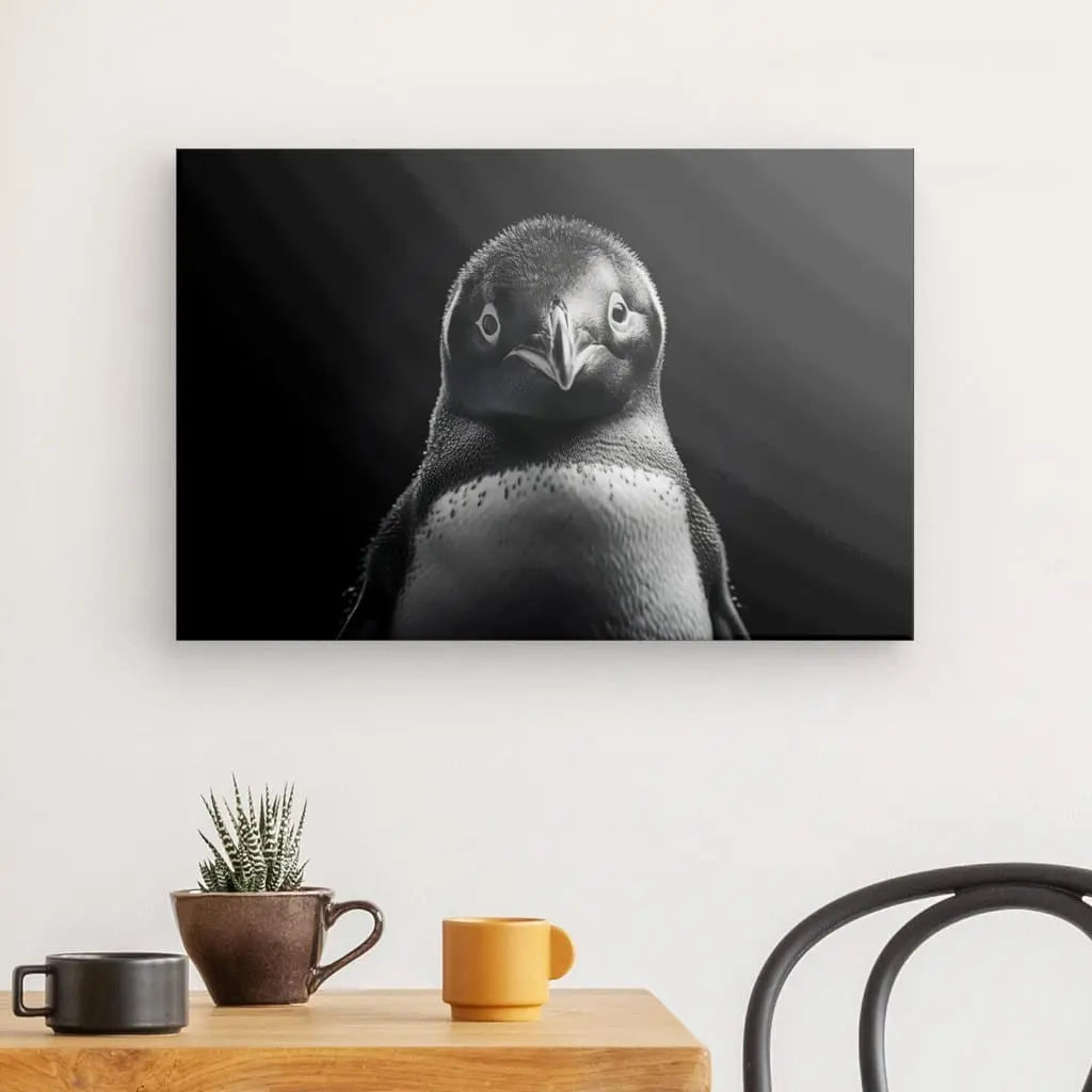 Une photographie en noir et blanc intitulée « Tableau Manchot Portrait Animalier Noir et Blanc » est exposée sur un mur au-dessus d'une petite table en bois ornée d'une plante en pot, d'une tasse marron et d'une tasse jaune. Une chaise est partiellement visible à droite.