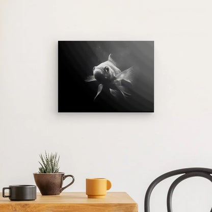 Un *Tableau Poisson Rouge Goldfish Noir et Blanc* encadré d'un poisson est monté sur un mur blanc au-dessus d'une table en bois avec une petite plante en pot, une tasse marron et une tasse jaune. Cette élégante décoration d'intérieur est complétée par la vue partielle d'une chaise noire à droite.