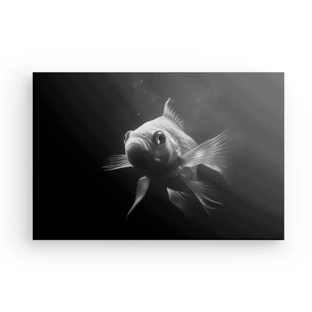 Photographie en noir et blanc d’un poisson rouge nageant dans une eau sombre. Le poisson est centré, avec ses nageoires et sa queue étendues. Parfait comme le Tableau Poisson Rouge Goldfish Noir et Blanc, cette pièce ajoute une touche de design contemporain à toute décoration d'intérieur.