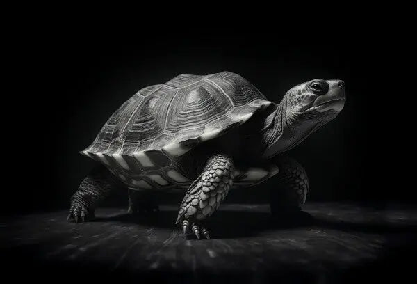 Tableau Tortue Noir et Blanc sur fond sombre et élégant.