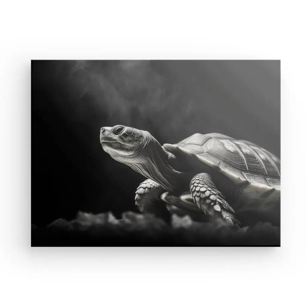 Une photo en noir et blanc d'une tortue avec la tête relevée, entourée d'un fond sombre et fumé - un saisissant Tableau Portrait Tortue Noir et Blanc parfait pour toute décoration d'intérieur.