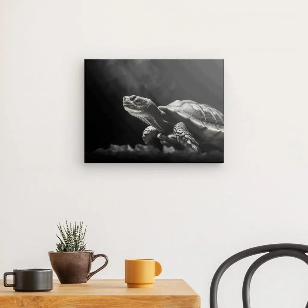 Le Tableau Portrait Tortue Noir et Blanc orne le mur au-dessus d'une table en bois ornée d'une plante en pot, d'une tasse marron et d'une tasse jaune, créant un tableau monochrome serein parfait pour toute décoration d'intérieur dans un cadre design contemporain.