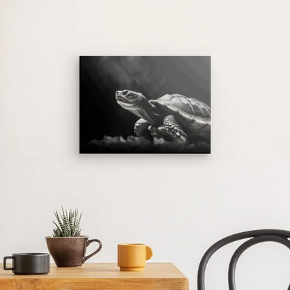 Le Tableau Portrait Tortue Noir et Blanc orne le mur au-dessus d'une table en bois ornée d'une plante en pot, d'une tasse marron et d'une tasse jaune, créant un tableau monochrome serein parfait pour toute décoration d'intérieur dans un cadre design contemporain.