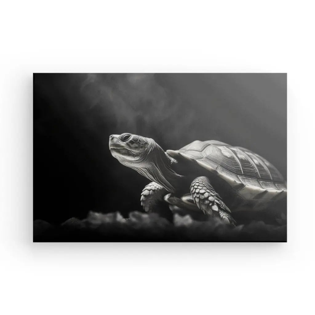 Photo en noir et blanc d'une tortue, partiellement éclairée sur un fond sombre et enfumé. Le Tableau Portrait Tortue Noir et Blanc ajoute une touche sophistiquée à toute décoration d'intérieur.