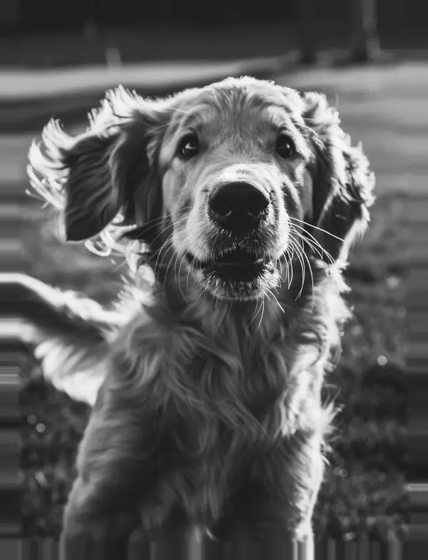 Capturez l'élégance d'un Golden Retriever courant vers la caméra avec ses oreilles battantes et une expression concentrée sur son visage dans cette superbe pièce, le Tableau Golden Retriever Noir et Blanc, parfait pour ajouter une touche saisissante à votre décoration intérieure.