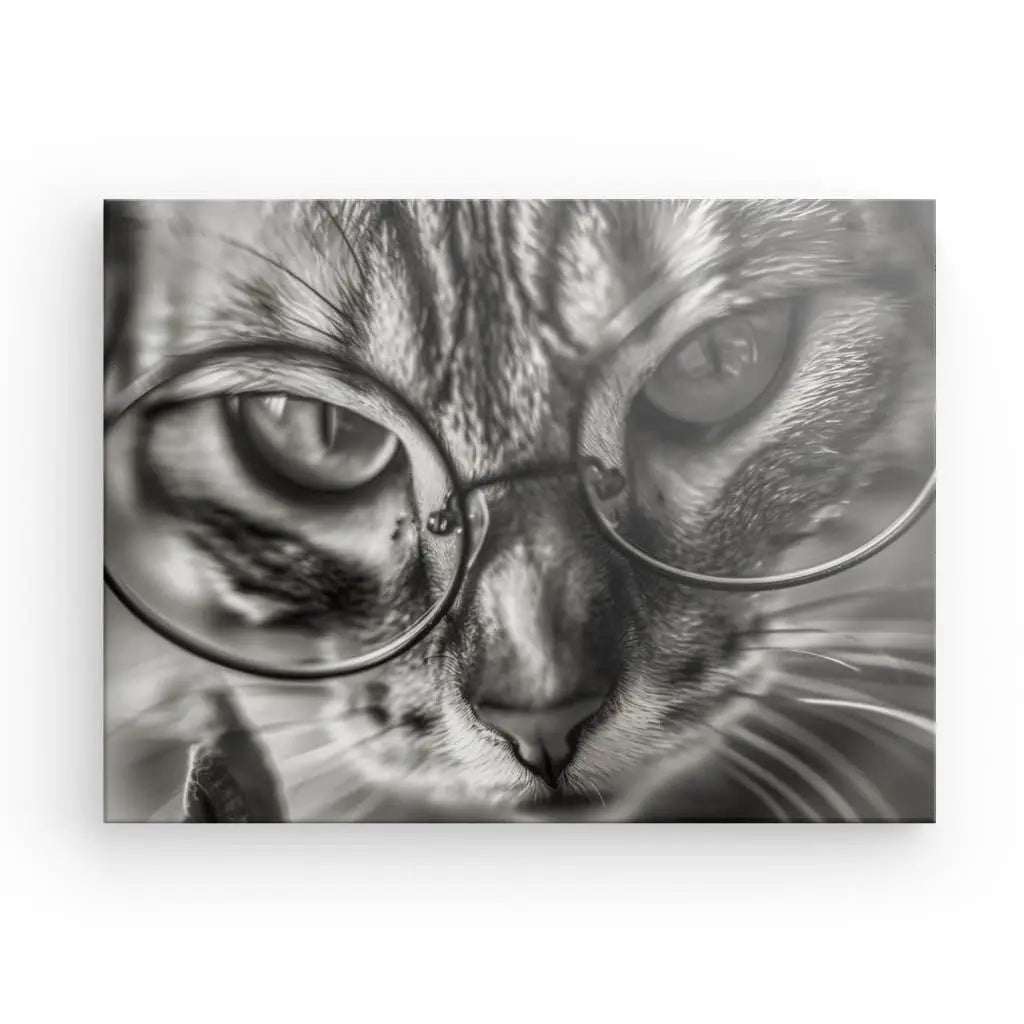 Chat drôle portant des lunettes en noir et blanc, gros plan artistique.