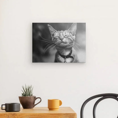 Un *Tableau Chat Mignon Lunettes Monochrome* noir et blanc est accroché sur un mur blanc au-dessus d'une table en bois avec deux mugs, une petite plante en pot et une chaise noire, ajoutant une touche élégante à la *décoration intérieure* de la pièce.