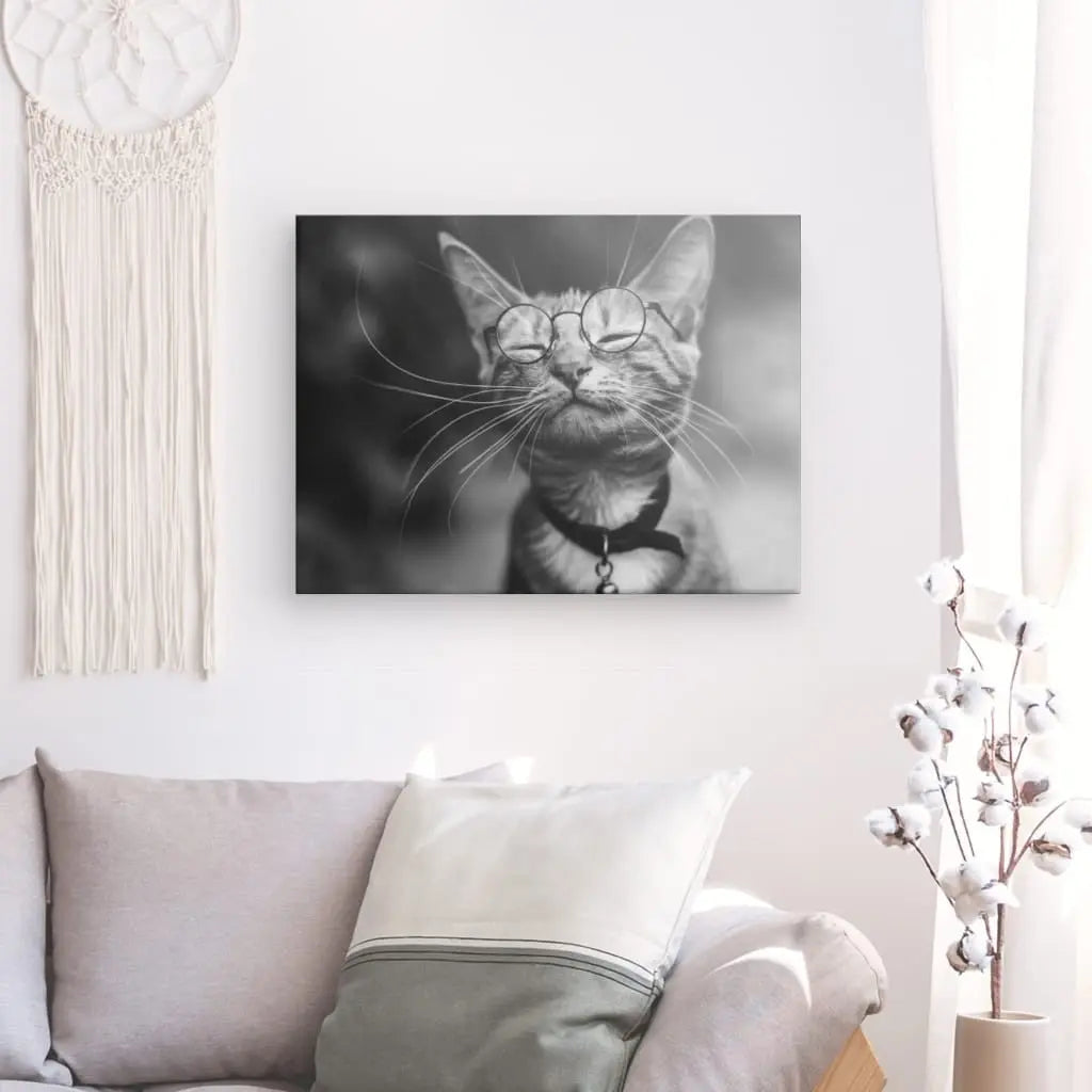 Un Tableau Chat Mignon Lunettes Monochrome est monté sur un mur blanc au-dessus d'un canapé avec un coussin gris. Une tenture murale en macramé et une plante en pot sont également visibles, ajoutant du charme à la décoration intérieure.