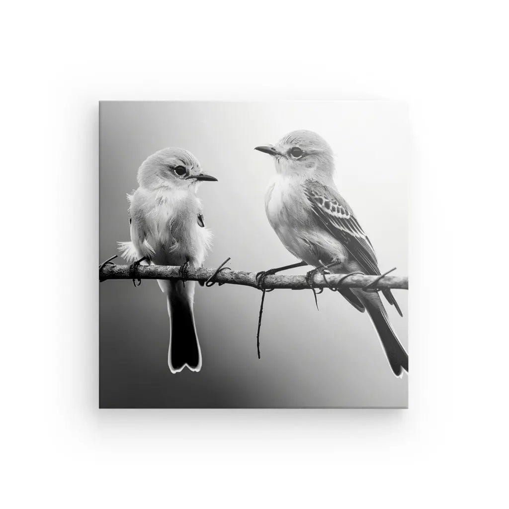 Tableau noir et blanc de couple d'oiseaux sur une branche.