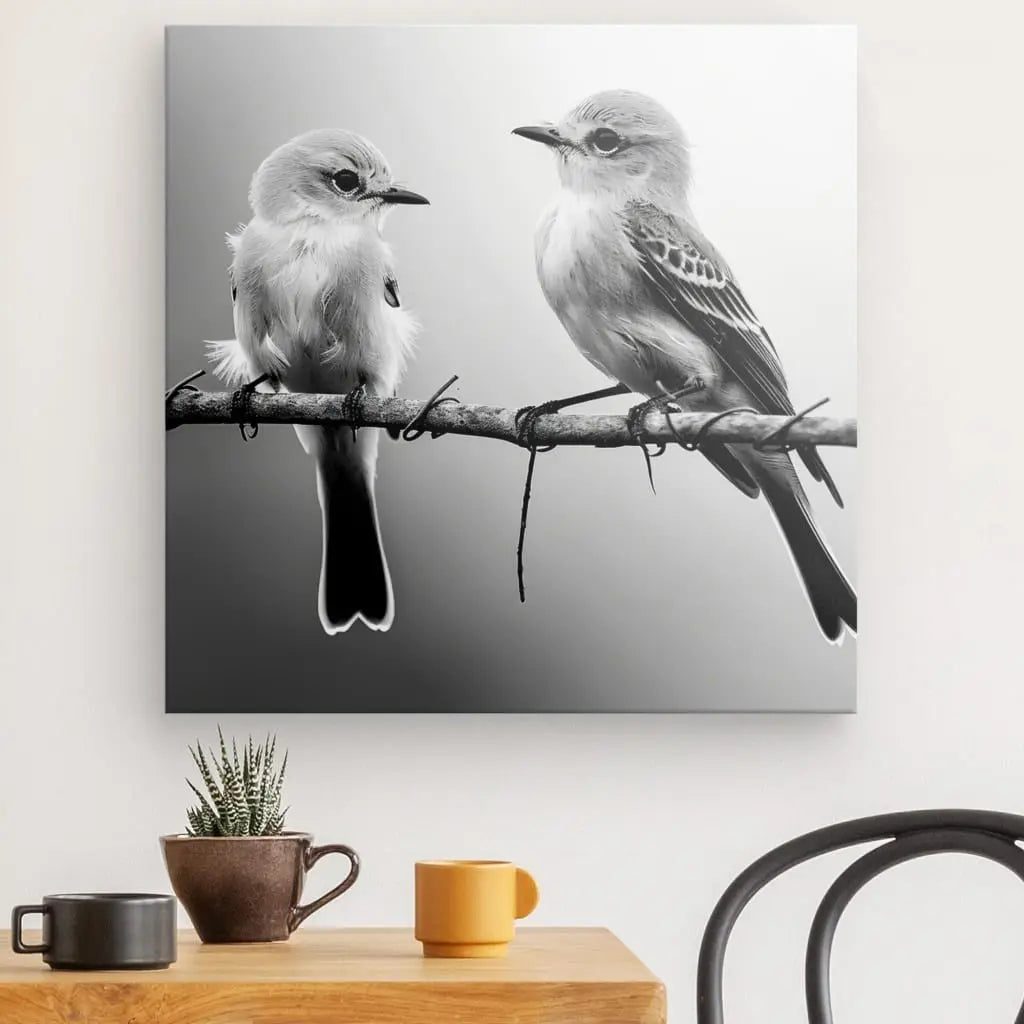 Tableau noir et blanc de couple d'oiseaux sur une branche.